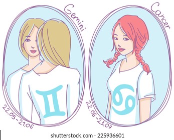 Set of zodiac signs. Girls in t-shirts with different hairstyles colored line art sketch - gemini, cancer