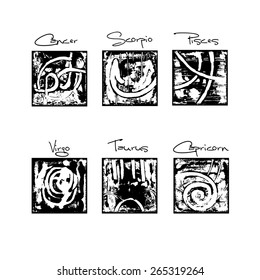 Set of zodiac signs. Grunge style