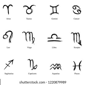 Set of zodiac signs, hand drawn vector graphics set. Sketch style illustration. Can be used for mobile, infographic, website or app.