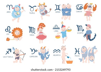 Set of zodiac signs, horoscope symbols.Cute kids as aries, taurus, gemini,cancer, leo, virgo, libra, scorpio, sagittarius, capricorn, aquarius, pisces. Vector illustration isolated on white background