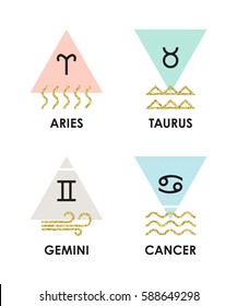 Set of zodiac signs for horoscopes. Aries, Taurus, Gemini, Cancer. Vector line design in pastel colors and gold glitter texture.