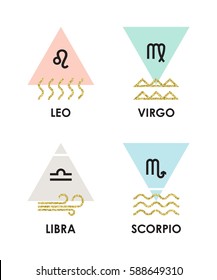 Conjunto de signos de zodiaco para horóscopos. Leo, Virgo, Libra, Scorpio. Diseño de línea vectorial en colores pastel y textura de brillo dorado.