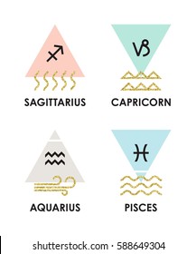 Set of zodiac signs for horoscopes. Sagittarius, Capricorn, Aquarius, Pisces. Vector line design in pastel colors and gold glitter texture.