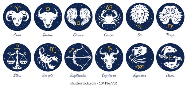Set of zodiac signs icons. Aries, leo, gemini, taurus, scorpio, aquarius, pisces, sagittarius, libra, virgo, capricorn and cancer. Vector illustration in cartoon simple style.  - Shutterstock ID 1341367736