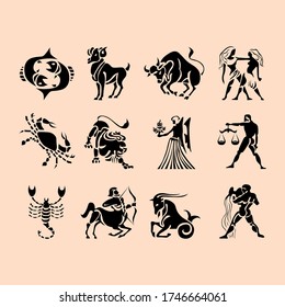 Set of zodiac signs icons. Aries, leo, gemini, taurus, scorpio, aquarius, pisces, sagittarius, libra, virgo, capricorn and cancer. Vector illustration in cartoon simple style.