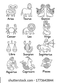 Set of zodiac signs icons. Aries, taurus, gemini,  cancer,  leo, virgo,  libra, scorpio, sagittarius, aquarius, capricorn, pisces. Vector illustration in cartoon line style. 