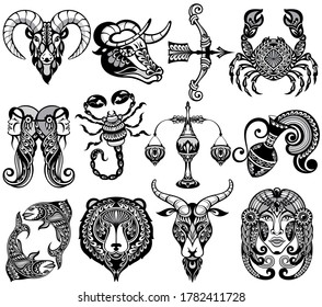 Set of zodiac signs icons. Aries, leo, gemini, taurus, scorpio, aquarius, pisces, sagittarius, libra, virgo, capricorn and cancer. 