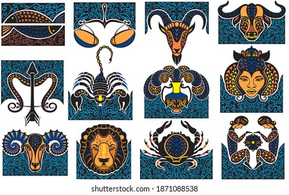 Set of zodiac signs icons. Aries, leo, gemini, taurus, scorpio, aquarius, pisces, sagittarius, libra, virgo, capricorn and cancer. 