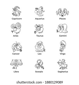 Set of zodiac signs icons. Aries, leo, gemini, taurus, scorpio, aquarius, pisces, sagittarius, libra, virgo, capricorn and cancer. Vector illustration in outline style.