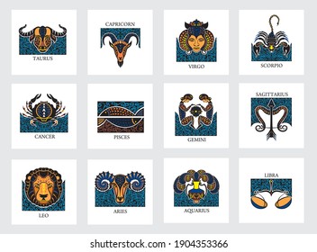 Set of zodiac signs icons. Aries, leo, gemini, taurus, scorpio, aquarius, pisces, sagittarius, libra, virgo, capricorn and cancer. 