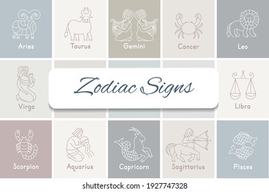 Set of zodiac signs icons. Aries, taurus, gemini,  cancer,  leo, virgo,  libra, scorpio, sagittarius, aquarius, capricorn, pisces. Vector illustration in cartoon line style. 