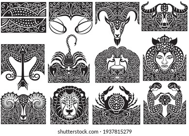 Set of zodiac signs icons. Aries, leo, gemini, taurus, scorpio, aquarius, pisces, sagittarius, libra, virgo, capricorn and cancer. 