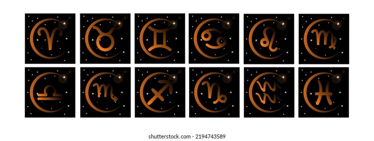 Set of zodiac signs icons. Aries, leo, gemini, taurus, scorpio, aquarius, pisces, sagittarius, libra, virgo, capricorn and cancer. Vector illustration in cartoon simple style.