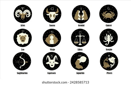 Set of zodiac signs icons. Aries, leo, gemini, taurus, scorpio, aquarius, pisces, sagittarius, libra, virgo, capricorn and cancer. Vector illustration in cartoon simple style.