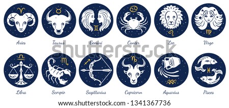 Set of zodiac signs icons. Aries, leo, gemini, taurus, scorpio, aquarius, pisces, sagittarius, libra, virgo, capricorn and cancer. Vector illustration in cartoon simple style. 