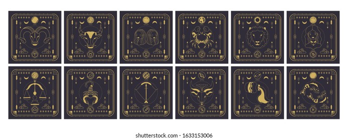 Set of zodiac signs icons. Astrology horoscope with signs and planets.