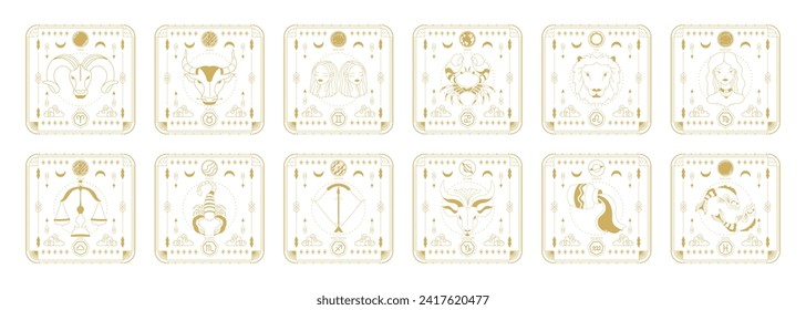 Set of zodiac signs icons. Astrology horoscope with signs and planets.