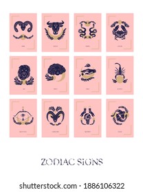 Set of Zodiac signs icons in boho style. Vector illustrations.