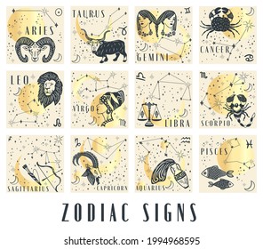 Set of Zodiac signs icons in boho style. trendy vector illustrations.Horoscope sign line art silhouette design vector illustration. Creative decorative elegant astrology zodiac emblem