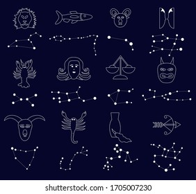 Set of zodiac signs icons. Capricorn, aquarius, pisces, aries, taurus, gemini, cancer, leo, virgo, scorpion, sagittarius. Vector graphic illustration . Stars collection zodiac. 