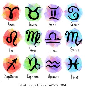 Set of zodiac signs icons with captions. Horoscope vector set. Simple hand drawn astrology symbols with cute bright backgrounds