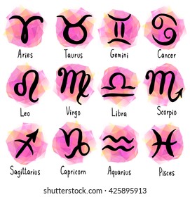 Set of zodiac signs icons with captions. Horoscope vector set. Simple hand drawn astrology symbols with cute bright backgrounds