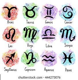 Set of zodiac signs icons with captions. Horoscope set. Simple hand drawn astrology symbols with cute bright backgrounds