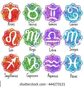 Set of zodiac signs icons with captions. Horoscope set. Simple hand drawn astrology symbols with cute bright backgrounds