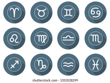 Set of Zodiac Signs Icons. Horoscope signs: Aries, Taurus, Gemini, Cancer, Leo, Virgo, Libra, Scorpio, Sagittarius, Capricorn, Aquarius, Pisces. Flat Style. Vector illustration for Your Design, Web.