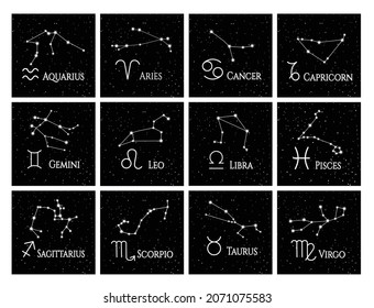 A set of zodiac signs with inscriptions, stars and constellations. Twelve signs on a black  background. Vector illustration