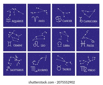 A set of zodiac signs with inscriptions, stars and constellations. Twelve signs on a blue  background. Vector illustration