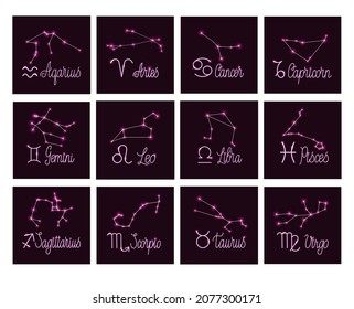A set of zodiac signs with inscriptions, stars and constellations. Twelve signs on a purple  background. Vector illustration
