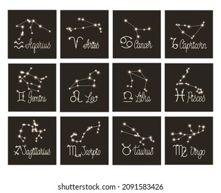 A set of zodiac signs with inscriptions, stars and constellations. Twelve signs on a black  background. Vector illustration