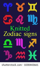 Set of zodiac signs. Kids bright colorful knitted astrology symbols with gradient effect. Background for card, web and print. Vector Illustration.