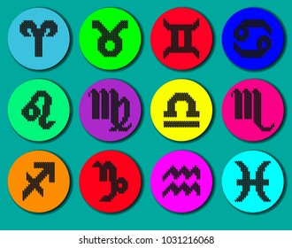Set of zodiac signs.  Kids knitted astrology symbols with gradient effect isolated on bright colorful circle. Background for card, web and print . Vector Illustration.
