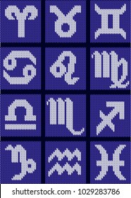 Set of zodiac signs. Knitted astrology symbols with gradient effect isolated on blue background for card, web and print . Vector Illustration.