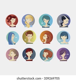 Set of Zodiac signs like cute girl's portraits. Vector illustration.