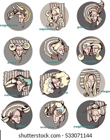 Set of Zodiac signs like cute girl's portraits. Vector illustration.Woman With Twelve Zodiac Signs Icons Set, Astrological, Constellation, Beauty, Female, Fortunetelling, Lifestyle 