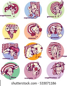 Set of Zodiac signs like cute girl's portraits. Vector illustration.Woman With Twelve Zodiac Signs Icons Set, Astrological, Constellation, Beauty, Female, Fortunetelling, Lifestyle 