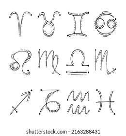 Set of Zodiac Signs line art. Astrological horoscope symbol. Zodiac constellation of the calendar. Hand drawn vector doodle. Graphic illustration.
