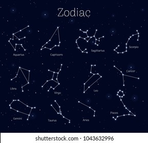 Set zodiac signs, night sky background, realistic. Collection of astrological symbols. Vector illustration of ancient sacral theme