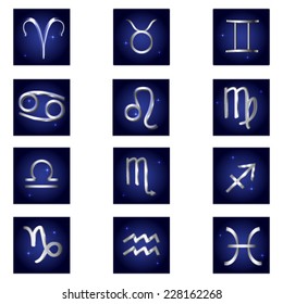 Set of Zodiac Signs on blue background. Vector illustration 