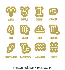 A set of zodiac signs on a golden background with stars.