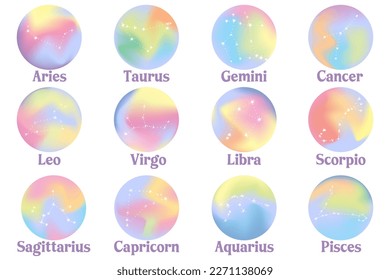 Set of zodiac signs on a holographic gradient background. Astrological horoscope. Constellation Aries, Taurus, Leo, Gemini, Cancer, Virgo, Libra, Scorpio, Sagittarius, Aquarius, Capricorn, Pisces.