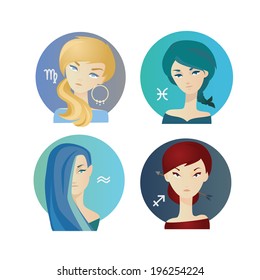 Set of Zodiac signs. Part two. Vector illustration. Virgo, Sagittarius, Aquarius, Pisces. Set of beautiful cartoon women faces.