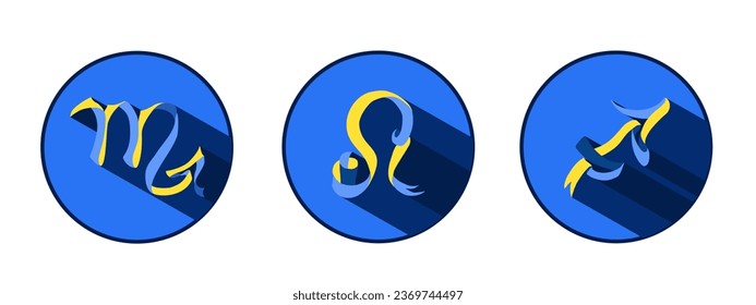 Set of zodiac signs Sagittarius, Leo, Scorpio. Traditional national Ukrainian colors are blue and yellow. Decorative composition. Horoscope logo.