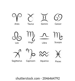 Set of zodiac signs, simple flat astrological icons on white background, vector illustration.