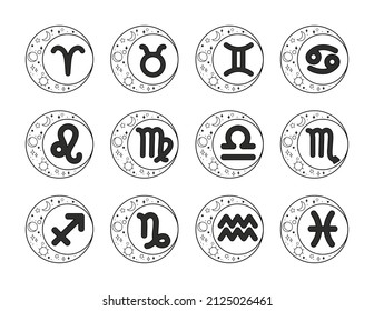 

Stellen Sie Tierkreiszeichen ein. Sternenhimmel auf dem Mond. Zodiac-Schilder im Mond. Schwarz-Weiß-Vektorsatz von Tierkreiszeichen. Astrologie.