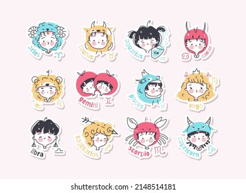 Set of zodiac signs stickers. Comic faces of characters of astrological horoscope symbols. Collection of cute pictures with heads of girls and boys. Hand drawn vector illustration in cartoon style