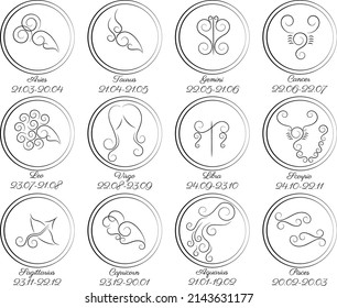 Set of zodiac signs with a stroke with names and dates. the shape of a circle around the symbols. Black and white vector graphics. Astrology, horoscope sign, graphic design elements, printing template